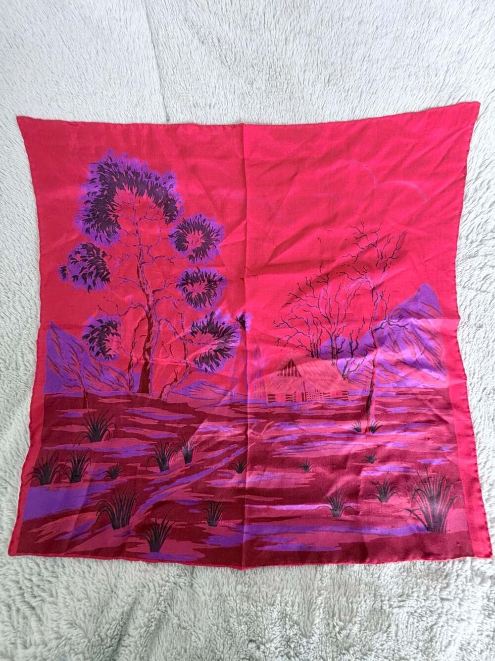 Vintage 100% Thai Silk Square Scarf Red Purple Landscape Print